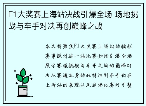 F1大奖赛上海站决战引爆全场 场地挑战与车手对决再创巅峰之战