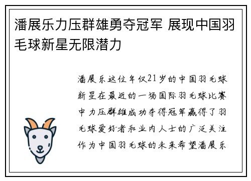 潘展乐力压群雄勇夺冠军 展现中国羽毛球新星无限潜力