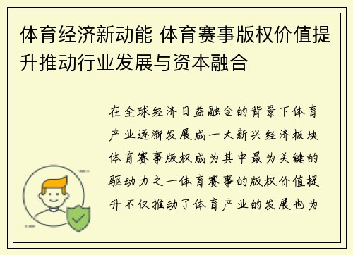 体育经济新动能 体育赛事版权价值提升推动行业发展与资本融合