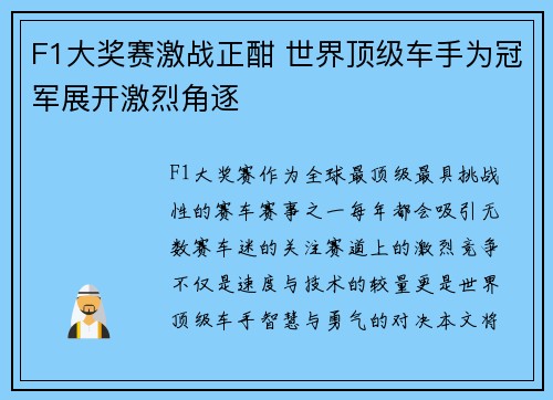 F1大奖赛激战正酣 世界顶级车手为冠军展开激烈角逐