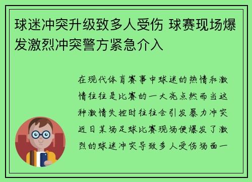 球迷冲突升级致多人受伤 球赛现场爆发激烈冲突警方紧急介入